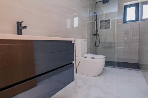 a bathroom with a toilet and a shower and a sink at Otro Residence in Praia