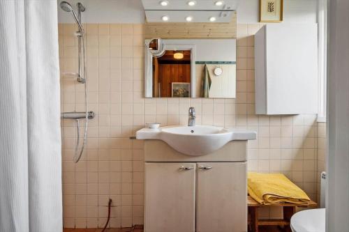een badkamer met een wastafel en een douche bij 1197-Ringkobing-Nordlysvej-17 in Søndervig