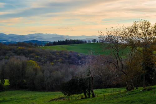 a green field with trees and mountains in the background at Château d’Orion in Orion