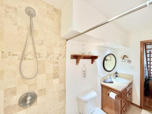 a bathroom with a shower and a toilet and a sink at Vista De Ensueno in West Bay