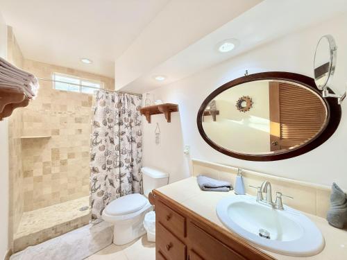 a bathroom with a sink and a toilet and a mirror at Vista De Ensueno in West Bay