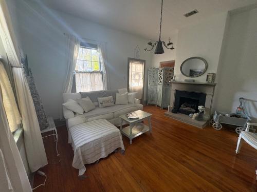 a living room with a couch and a fireplace at Historical downtown Lind House Studio in Pensacola