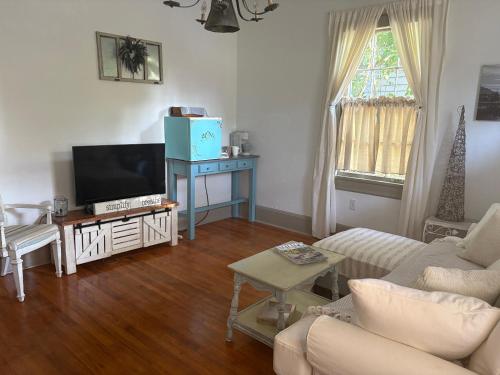 a living room with a couch and a tv at Historical downtown Lind House Studio in Pensacola