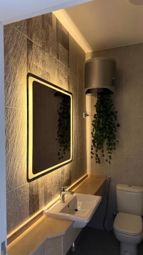 a bathroom with a sink and a mirror and a toilet at Cozy 2BRs chalet in Einbay Boho designed in Ain Sokhna