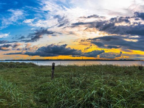 a sunset over a body of water with a field at 6 person holiday home in Farsø-By Traum in Farsø
