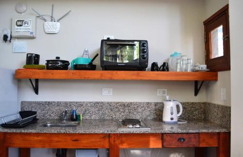a kitchen counter with a microwave and a sink at Casa Puentes Amarillos in Malargüe