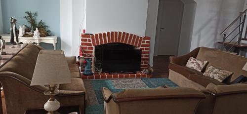 a living room with two couches and a fireplace at Casa da Nogueira in Alvorninha