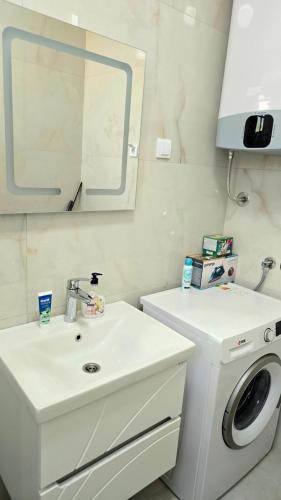 a bathroom with a sink and a washing machine at LIMONCELLO Apartment in Bar