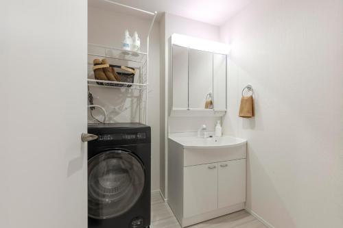 a bathroom with a washing machine and a sink at Anecis Honjin in Nagoya