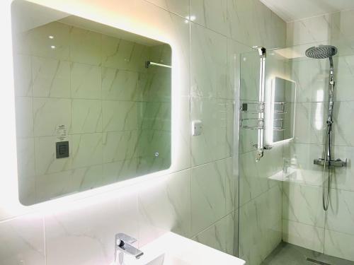 a bathroom with a shower and a sink and a mirror at Plateia suite Grigio in Nicosia