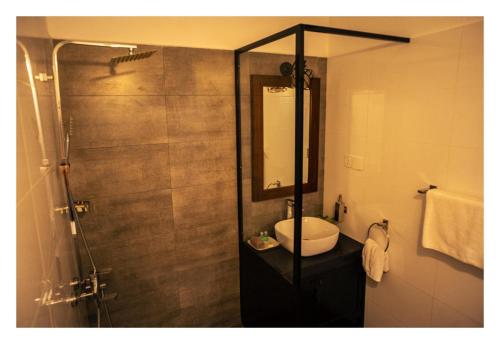a bathroom with a sink and a shower with a mirror at Nildiya Cottages in Elpitiya