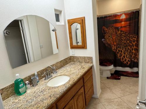 a bathroom with a sink and a tiger in the shower at Desert Escape 4BR and 3BA Minutes to Joshua Tree in Twentynine Palms