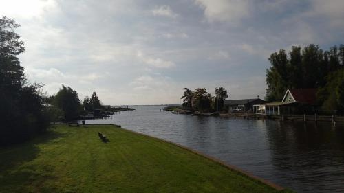 a dog sitting on the grass next to a river at Chalet Meerwijck mit Terrasse am Wasser und Meer mit Schwimmbad in Kropswolde