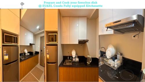 una cucina con mobili bianchi e un frigorifero in acciaio inossidabile di Eu & El Cozy Condo a Manila
