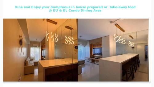 una camera con cucina con tavolo e sala da pranzo di Eu & El Cozy Condo a Manila