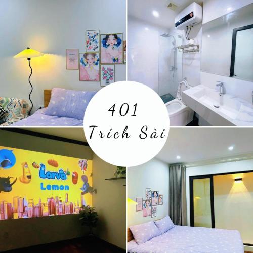 a collage of four pictures of a hotel room at Phố Homestay Hà Nội in Hanoi