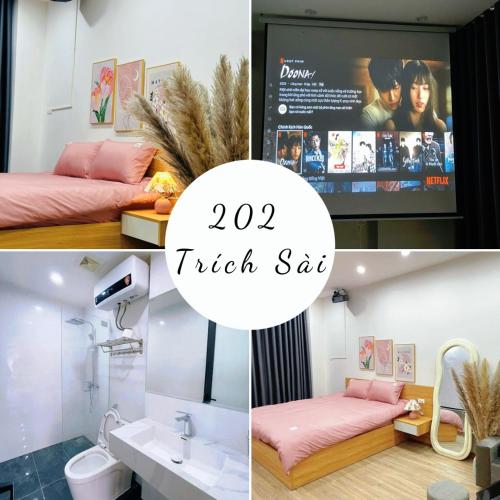 a collage of pictures of a room with a trick sat at Phố Homestay Hà Nội in Hanoi