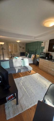 a living room with two beds and a television at The Studio, in Saint-Rabier