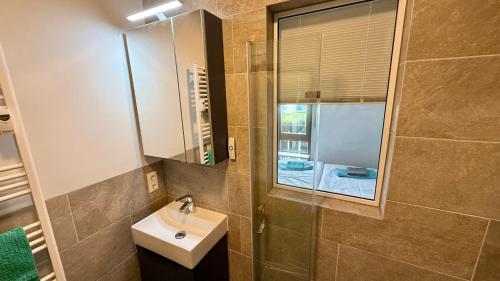 a bathroom with a sink and a mirror at Studio Bergblick 5 in Garmisch-Partenkirchen