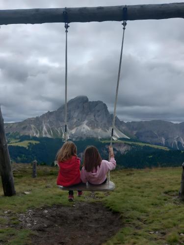 two girls sitting on a swing in a field at Raffreiderhof Apt Zirbe in Luson
