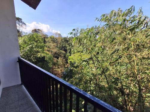 a balcony with a view of a forest at L'JAVAS VILLAS in Kalibendo