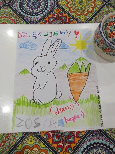 a drawing of a rabbit on a piece of paper at Agroturystyka Polana Giebułtów obok Świeradowa i zamku Czocha, domki przyjazne rodzinom z dziećmi in Mirsk