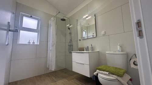 a white bathroom with a shower and a toilet at Casa Malee in Calheta