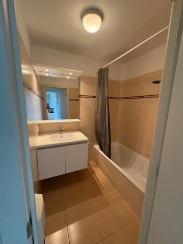 a bathroom with a sink and a bath tub at Home Oceane in Nieuwpoort