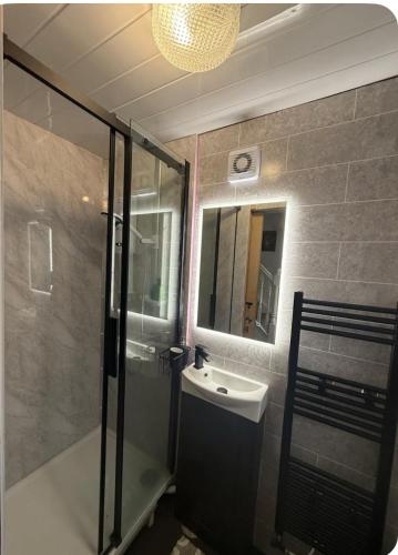 a bathroom with a shower and a sink and a mirror at Edinburgh city break room in Edinburgh