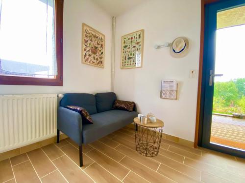 a living room with a blue couch and a table at Appartement dans un ecrin de verdure terrasse privee in Saint-Germain-au-Mont-dʼOr