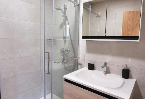 a bathroom with a sink and a shower at House Elipsa in Bovec