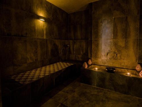 a dark room with a tub with a shower at Novotel Mohammedia in Mohammedia