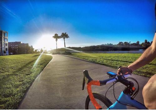 a person riding a bike on a path with the sun in the background at FREE Parking Modern 2 bedrooms Apt for Family or Business in Sydney