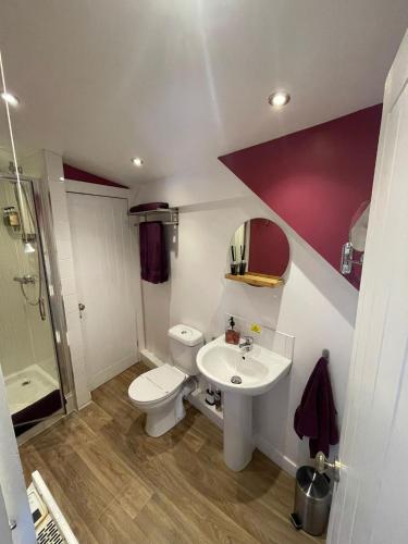 a bathroom with a white toilet and a sink at The Wendy house in Parkend