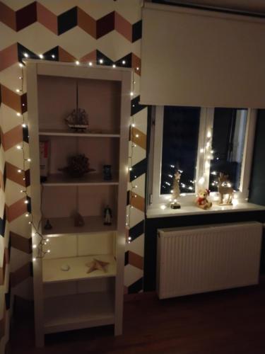 a room with a book shelf with lights on it at Gîte avec parking, au calme, entre Colmar-Riquewihr et Obernai ,marchés de Noël, 3 chambres, avec terrasse in Châtenois