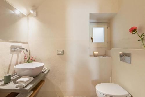 a white bathroom with a sink and a toilet at AMINA, Charming Apartments La spinetta nel Borgo in Terricciola