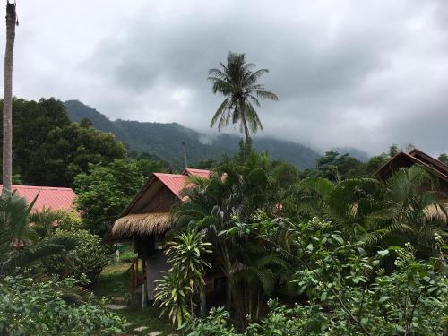 a palm tree and a house with mountains in the background at Seree Bungalows & Chill Bar in Ko Chang