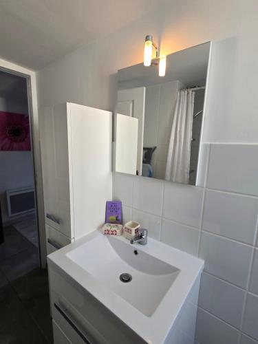 a bathroom with a white sink and a mirror at Charmant 2 pièces au cœur de Vendôme in Vendôme