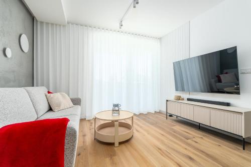 a living room with a couch and a table at Sarbinove City Apartments in Sarbinowo