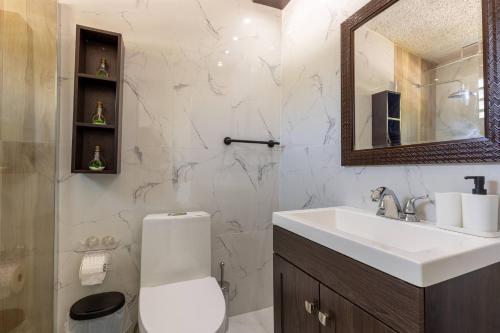 a bathroom with a sink and a toilet and a mirror at Dorado 6BR Family Group Retreat in Higuillar