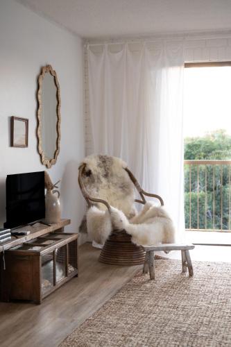 Un gran animal de peluche sentado en una silla en una sala de estar. en Coastal Hideaway in Coolum Beach, en Coolum Beach