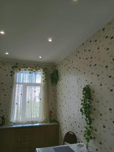 a kitchen with a window and a tiled wall at Просторная, двухкомнатная квартира ,с великолепным видом на город, расположенная в центре города Баку in Baku