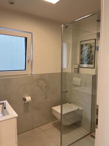 a bathroom with a shower with a toilet and a sink at Modernes Apartment mit großer Terrasse & Parkplatz in Schwäbisch Hall