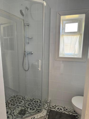 a bathroom with a shower with a toilet and a window at Бабусина хатка in Leplyavo