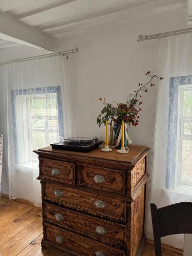 a dresser with flowers on top of it in a room at Бабусина хатка in Leplyavo