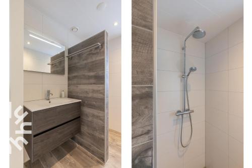 a bathroom with a shower and a sink at Gezellige vakantiewonig gelegen in Grijpskerke in Grijpskerke