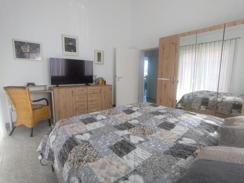 Un dormitorio con una cama, un escritorio y un televisor. en Alleeblick, en Fürth