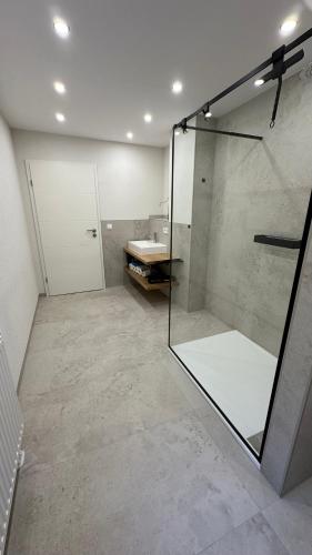 a bathroom with a glass shower and a sink at Ferienwohnung Anja in Münnerstadt