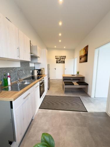 a large kitchen with white cabinets and a sink at Apart das Ehrets mit 3 Schlafzimmer in Bretzfeld