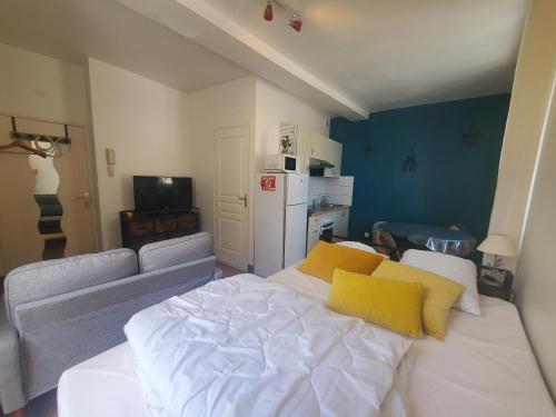 a bedroom with a white bed with yellow pillows at Idéal pied à terre pour visite des châteaux et cnpe in Bourgueil